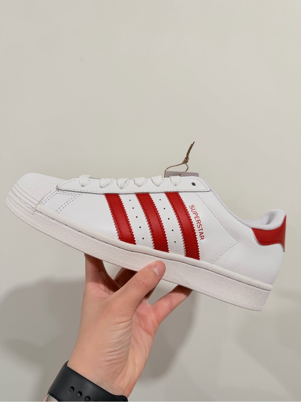 Adidas Mens Superstar Sneaker - White with Red Stripes Size 9